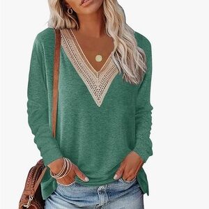 Green V-Neck Women Top